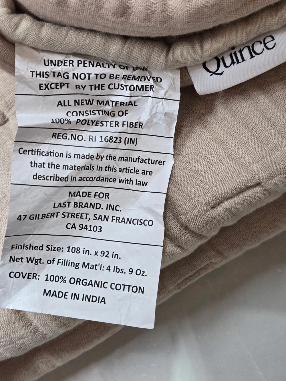 NWT QUINCE Organic Cotton Gauze Dream Quilt King/Cal King Dune 0485